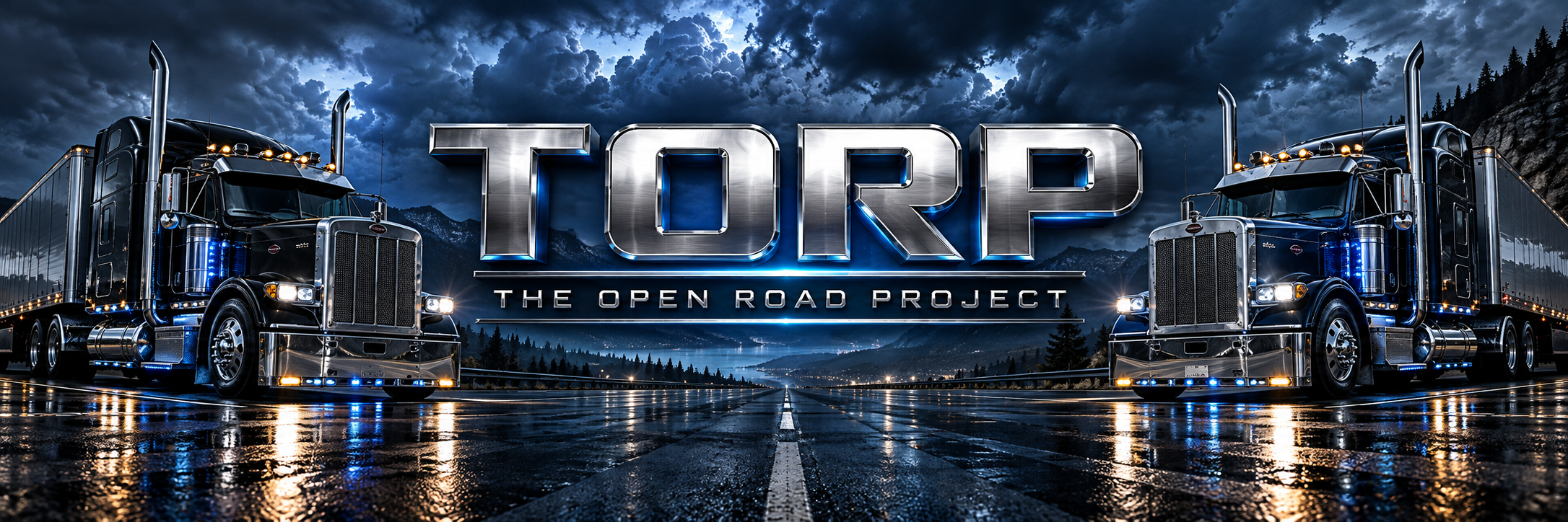 TORP — The Open Road Project, with two custom semi trucks beneath a stormy sky